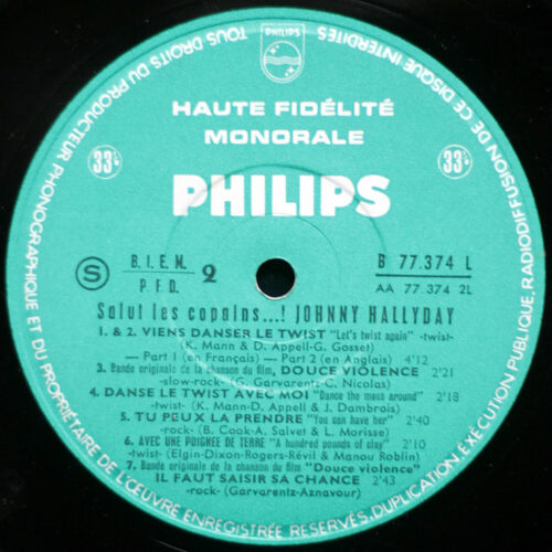 Johnny Hallyday • Salut Les Copains ! • Philips Standard B 77.374 L • Mono • 1961 • First pressing with green label