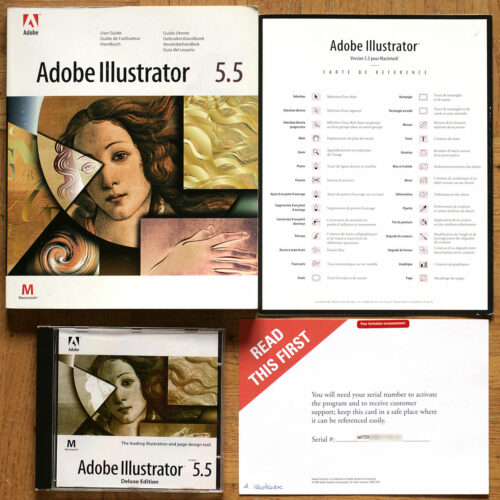 Adobe Illustrator 5.5 • Mac 68030 – 68040 – PowerMac • Apple Macintosh OS 7.0 • CD d'installation • Version française • Avec numéro de série • Occasion