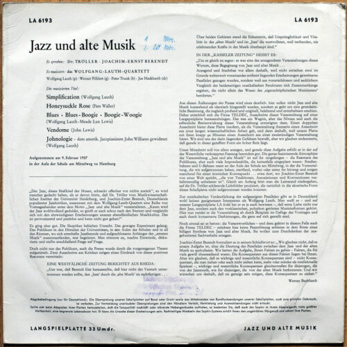 Wolfgang Lauth Quartett • Jazz Und Alte Musik • Telefunken LA 6193 • Simplification • Honeysuckle Rose • Vendome • Johnologie
