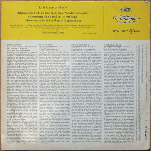 Beethoven • Sonates pour piano • Klaviersonaten • Piano sonatas • N° 14 "Mondschein" – n°8 "Pathétique" – n° 23 "Appassionata" • DGG 19 087 LPEM • Wilhelm Kempff