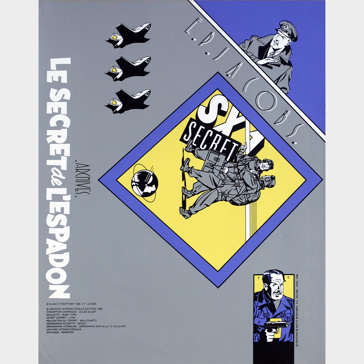 Edgard P. Jacobs • Blake et Mortimer • Maquette de l'espadon SX-1 • Feuilles sérigraphiées du certificat d’authenticité • Neuves • Édition Archives Internationales • 1986
