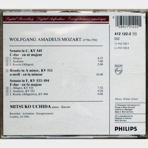 Mozart • Sonates pour piano n° 15 – KV 545 & n° 18 – KV 533/494 • Rondo – KV 511 • Philips 412 122-2 • Mitsuko Uchida