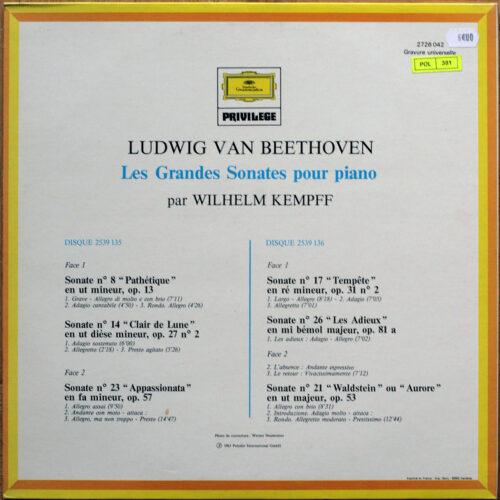 Beethoven • Sonates pour piano • Piano sonatas • N° 14 "Mondschein" – n° 8 "Pathétique" – n° 23 "Appassionata" – n° 17 "Sturm-Sonate" – n° 26 "Les Adieux" • DGG 2423 042 • Wilhelm Kempff