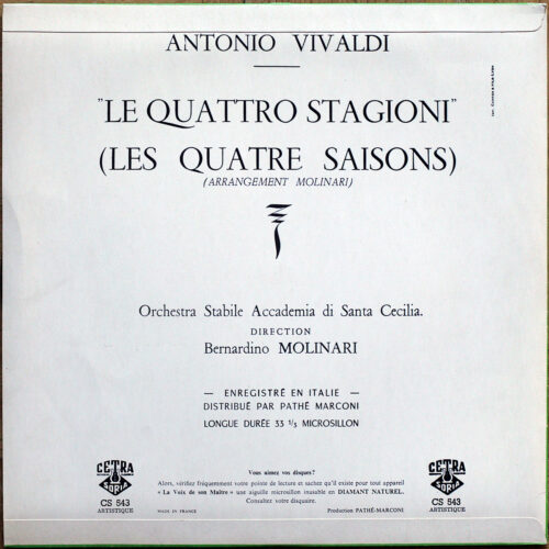 Vivaldi • Les quatre saisons • Le quattro stagioni • Cetra-Soria CS 543 • Orchestra Dell'Accademia Nazionale di Santa Cecilia • Bernardino Molinari