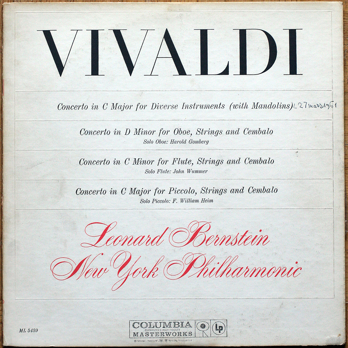 Vivaldi • 4 concerti • For oboe and orchestra • For flute and orchestra • For piccolo and orchestra • Columbia ML 5459 • New York Philharmonic Conductor • Leonard Bernstein