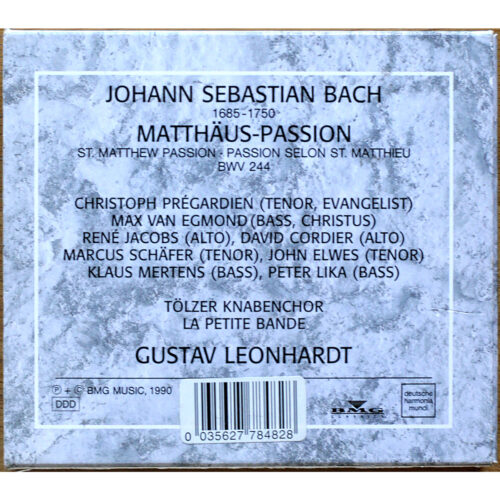 Bach • Passion selon Saint Matthieu • Matthäus-Passion • BWV 244 • Harmonia Mundi RD 77848 • Christoph Prégardien • René Jacobs • Max van Egmond • La Petite Bande • Gustav Leonhardt