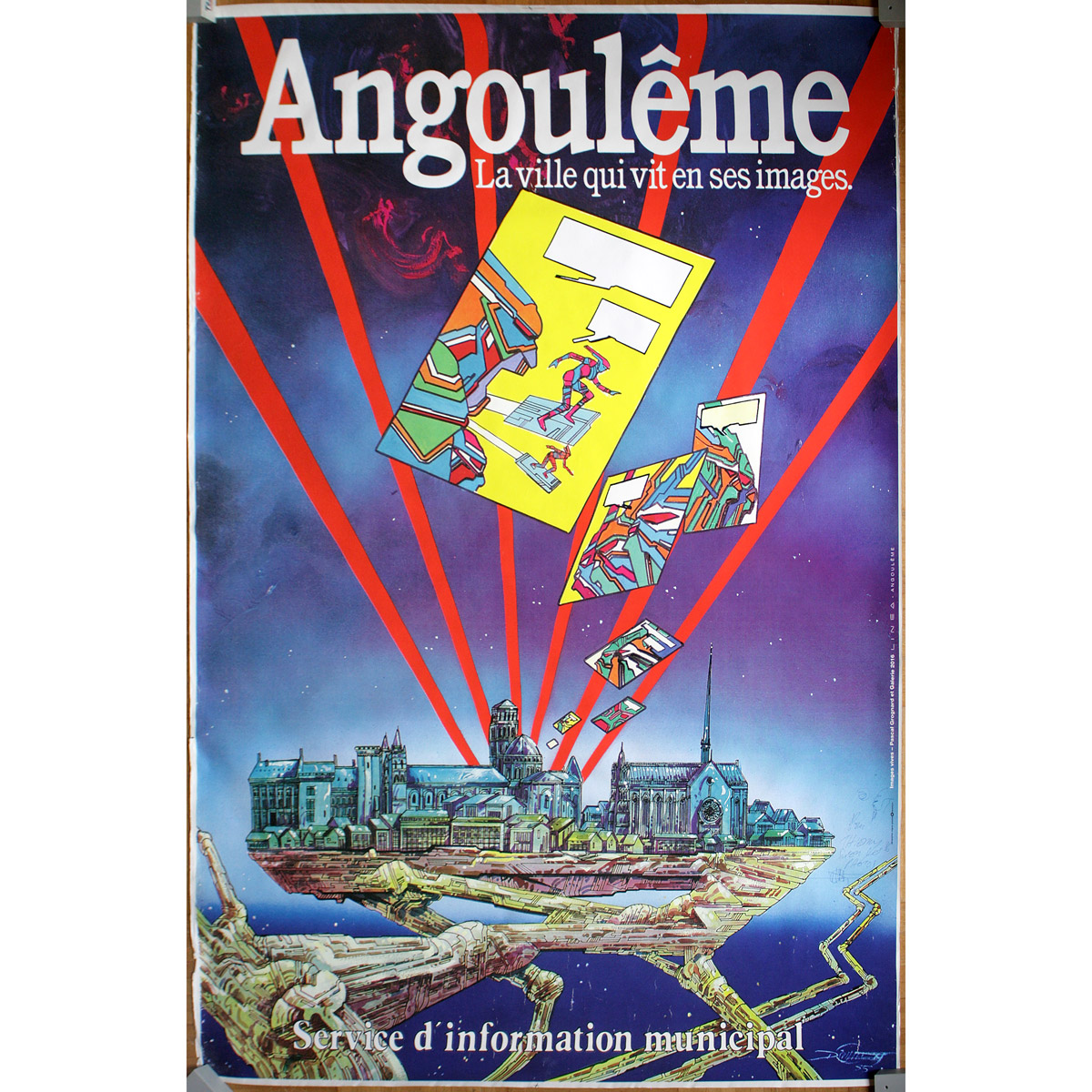 Philippe Druillet • Angoulême – La ville qui vit en ses images • Service d'information municipal – 1985 • Affiche offset • Grand format (120 x 160 cm) • Signée • Neuve