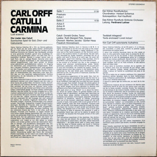 Orff • Catulli Carmina • Acanta 20 22453-8 • Ruth-Margret Pütz • Donald Grobe • Der Kölner Rundfunk-Sinfonie-Orchester • Ferdinand Leitner