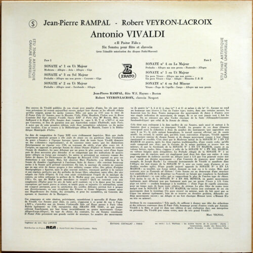 Vivaldi • Six sonates pour flûte et clavecin • 6 sonatas for flute and harpsichord • "Il Pastor Fido" • Erato STU 70467 • Jean-Pierre Rampal • Robert Veyron-Lacroix