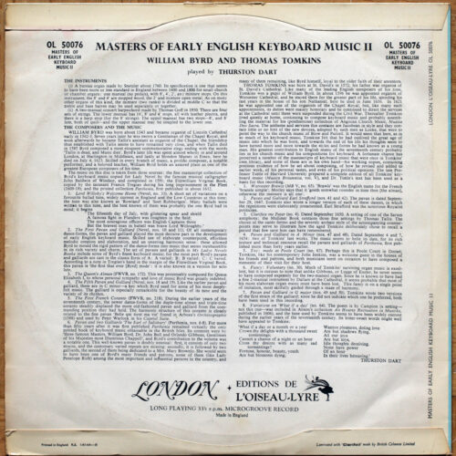 Les maîtres de la musique anglaise ancienne pour clavier • Masters of early english keyboard music • Vol. 2 • William Byrd • Thomas Tomkins • L'Oiseau-Lyre OL 50076 • Thurston Dart