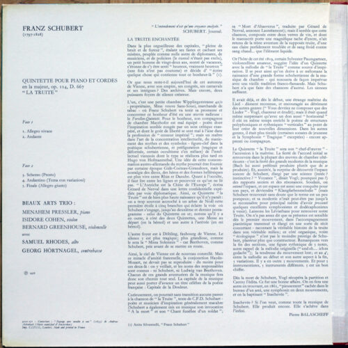 Schubert • Quintette pour piano et cordes "La Truite" • Forellenquintett A-Dur • Piano quintet "The Trout" • D. 667 • Philips 9500 071 • Beaux Arts Trio • Georg Hörtnagel • Samuel Rhodes