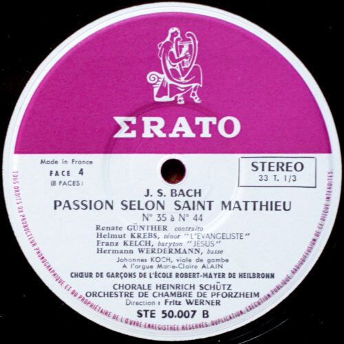 Bach • Passion selon Saint Matthieu • Matthäus-Passion • BWV 244 • Erato STE 50006/7/8/9 • Heinrich-Schütz-Chor Heilbronn • Das Südwestdeutsche Kammerorchester Pforzheim • Fritz Werner