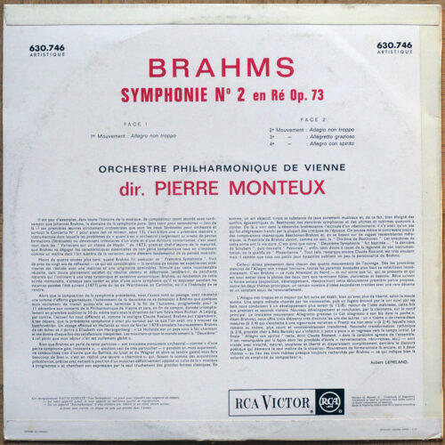 Brahms • Symphonie n° 2 • RCA 630.746 A • Wiener Philharmoniker • Pierre Monteux