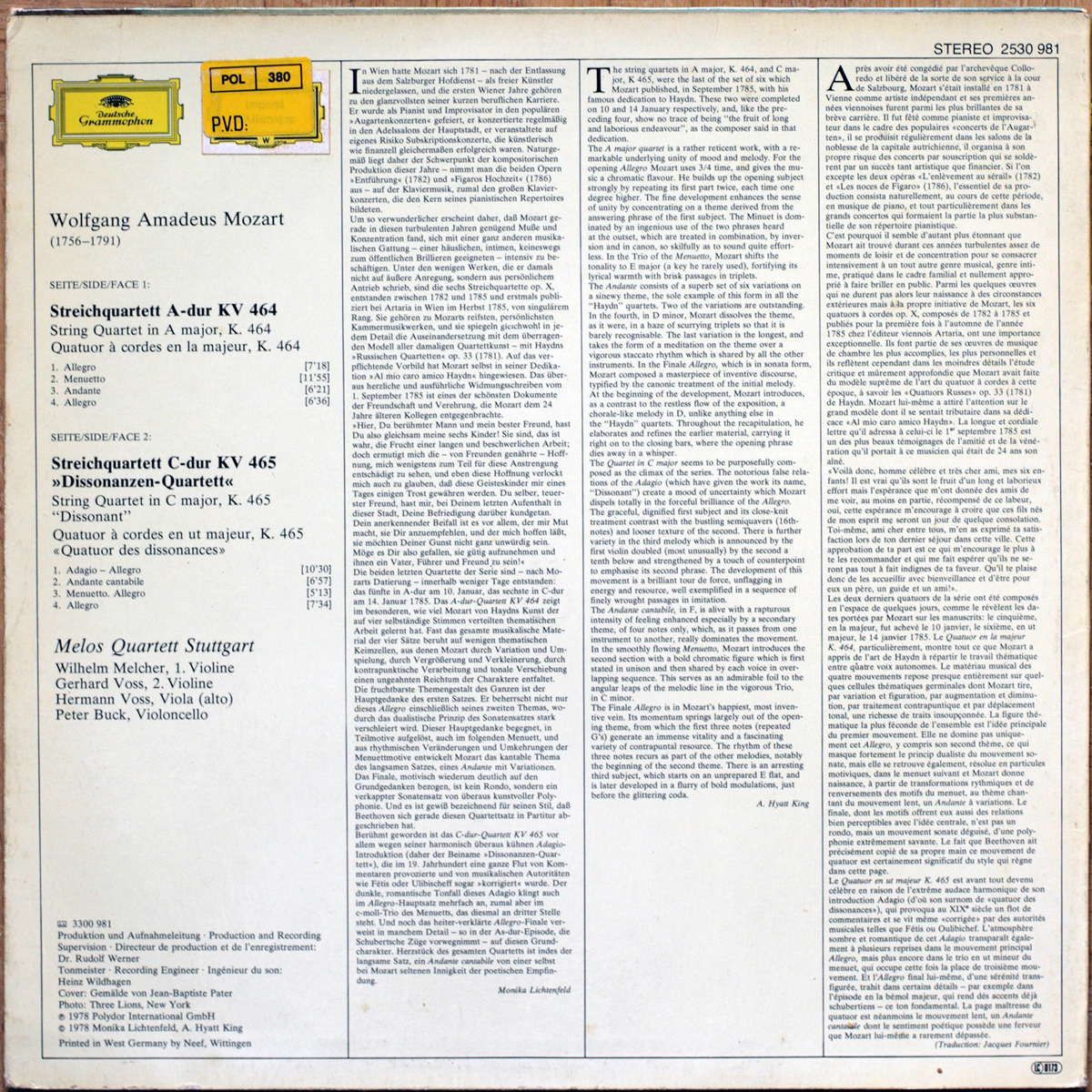 Mozart • Quatuor à cordes n° 18 – KV 464 & n° 19 – KV 465 "Dissonant" • Streichquartette Nr. 18 – KV 464 & Nr. 19 – KV 465 • String Quartets • DGG 2530 981 • Melos Quartett Stuttgart