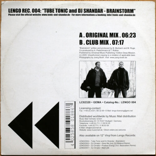 Tube Tonic and DJ Shandar • Brainstorm (Original Mix & Club Mix) • Lengo Records Lengo 004 • Maxi single • 12" • 45 rpm