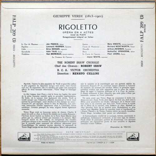 Verdi • Rigoletto • La voix de son maître FALP 207/209 • Leonard Warren • Erna Berger • Jan Peerce • Nan Merriman • RCA Victor Orchestra • Renato Cellini