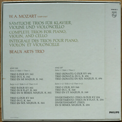 Mozart • Les trios avec piano • Die klaviertrios • The piano trios • Philips 6768 032 • Beaux Arts Trio • Menahem Pressler • Bernard Greenhouse • Isidore Cohen