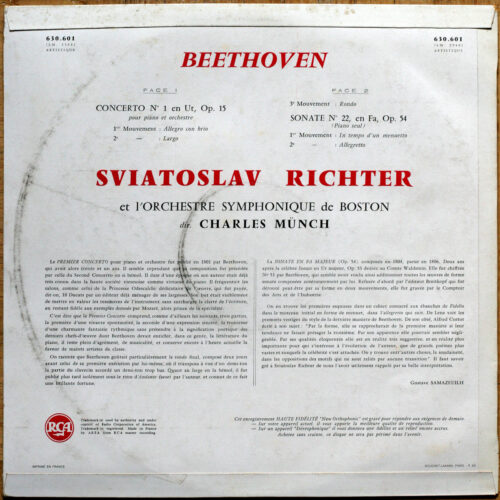 Beethoven • Concerto pour piano n° 1 – Op. 15 • Sonate n° 22 – Op. 54 • RCA 630 601 • Sviatoslav Richter • Boston Symphony Orchestra • Charles Munch