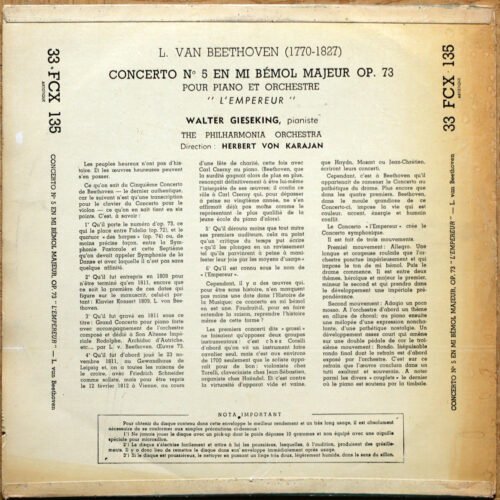 Beethoven ‎• Concerto pour piano n° 5 "L'Empereur" • Klavierkonzert Nr. 5 • Columbia ‎FXC 135 • Walter Gieseking • Philharmonia Orchestra • Herbert Von Karajan