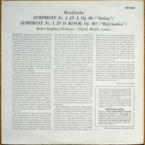 Mendelssohn • Symphonies n° 4 'Italienne" & 5 "Réformation" • RCA LSC-221 Living Stereo • Boston Symphony Orchestra • Charles Munch