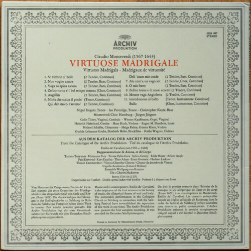 Monteverdi • Virtuose Madrigale • Archiv Produktion 2533 087 • Nigel Rogers • Ian Partridge • Christopher Keyte • Monteverdi-Chor Hamburg • Jürgen Jürgens