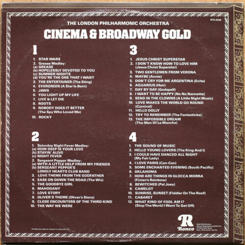 Various • Cinema & Broadway Gold • BO • Motion picture soundtrack • Ronco RTD 2036 • London Philharmonic Orchestra • Eric Rogers • Colin Frechter
