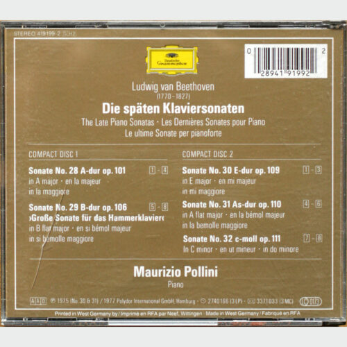 Beethoven • Les dernières sonates pour piano • Die späten Klaviersonaten • The late paino sonatas • DGG 419 199-2 • Maurizio Pollini