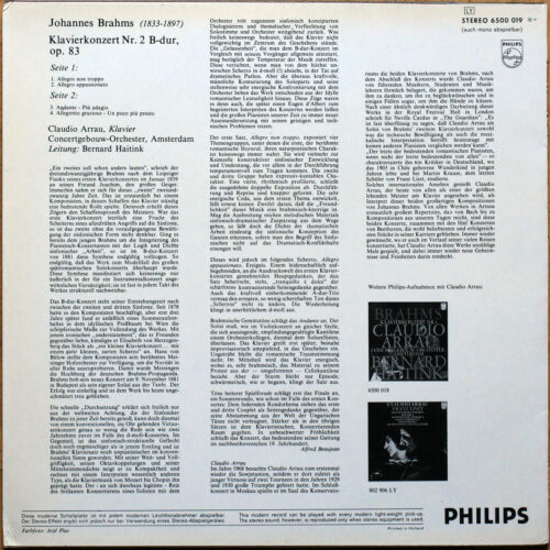 Brahms • Concerto pour piano n° 2 • Philips 6500 019 • Claudio Arrau • Concertgebouw-Orchester Amsterdam • Bernard Haitink