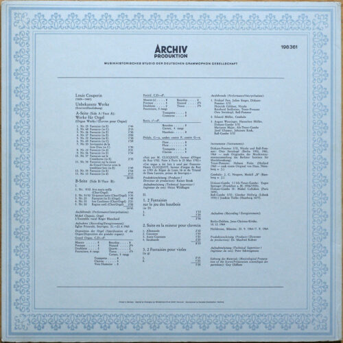 Couperin • Œuvres pour orgue • Suite en la mineur pour clavecin • Fantaisies pour viole • Archiv Produktion 198 361 • Ensemble vocal Roger Blanchard • Michel Chapuis
