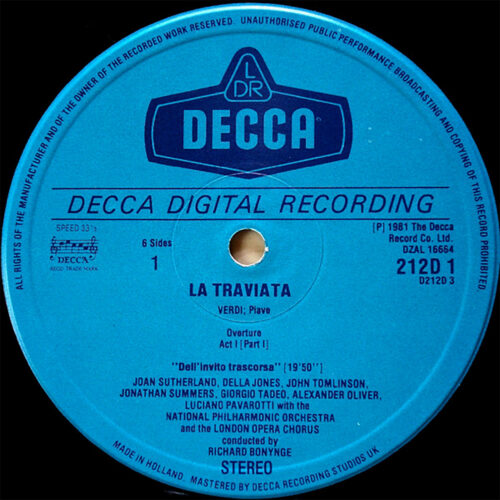 Verdi • La Traviata • Decca D212D 3 • Joan Sutherland • Luciano Pavarotti • Matteo Manuguerra • Marjon Lambriks • National Philharmonic Orchestra • Richard Bonynge