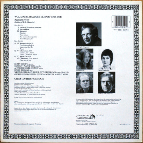 Mozart • Requiem – KV 626 • Oiseau-Lyre 411 712-1 • Emma Kirkby • Carolyn Watkinson • The Academy Of Ancient Music • Christopher Hogwood
