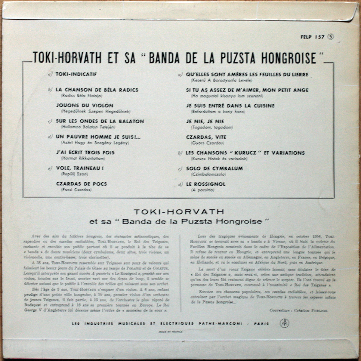 Gyula Toki Horvath et sa banda de da Puszta Hongroise • Folk hongrois • La Voix De Son Maître FELP 157 • Autographe – hand-signed