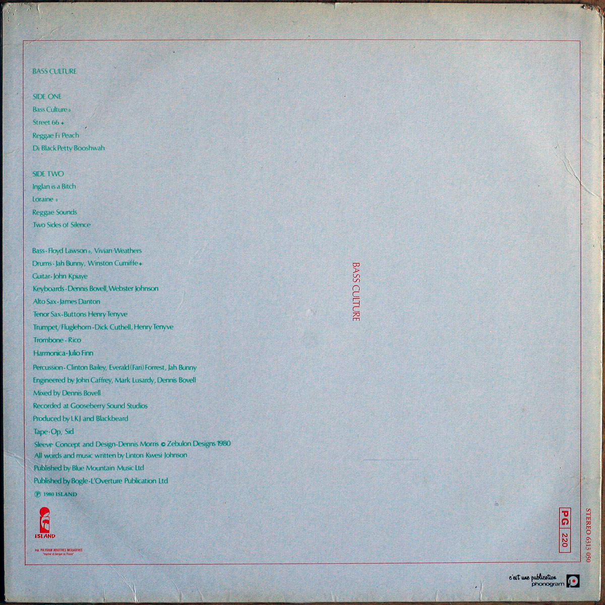 Linton Kwesi Johnson • Bass Culture • Island Records ILPS 9605