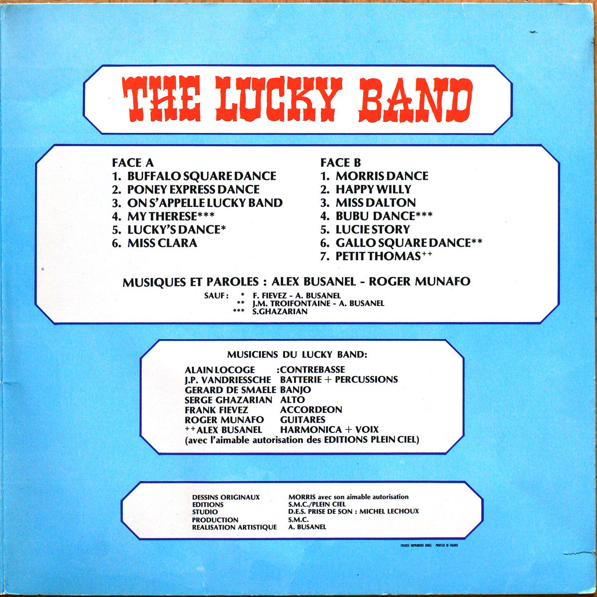 The Lucky Band • Vogue LDA 20333 • Morris (design) • Frank Fievez • Serge Ghazarian • Gérard De Smaele • Alain Locoge • J.P. Vandriessche • Roger Munafo • Alex Busanel