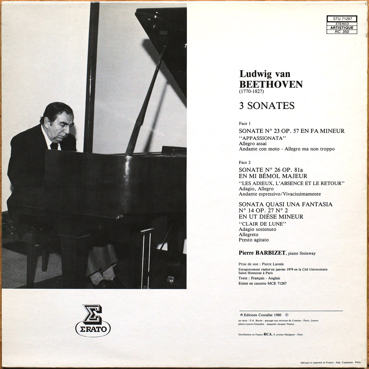 Beethoven • Sonates pour piano • Klaviersonaten • Piano sonatas • n° 14 "Mondschein" – n° 23 "Appassionata" – N° 26 "Les adieux" • Erato STU 71267 • Pierre Barbizet