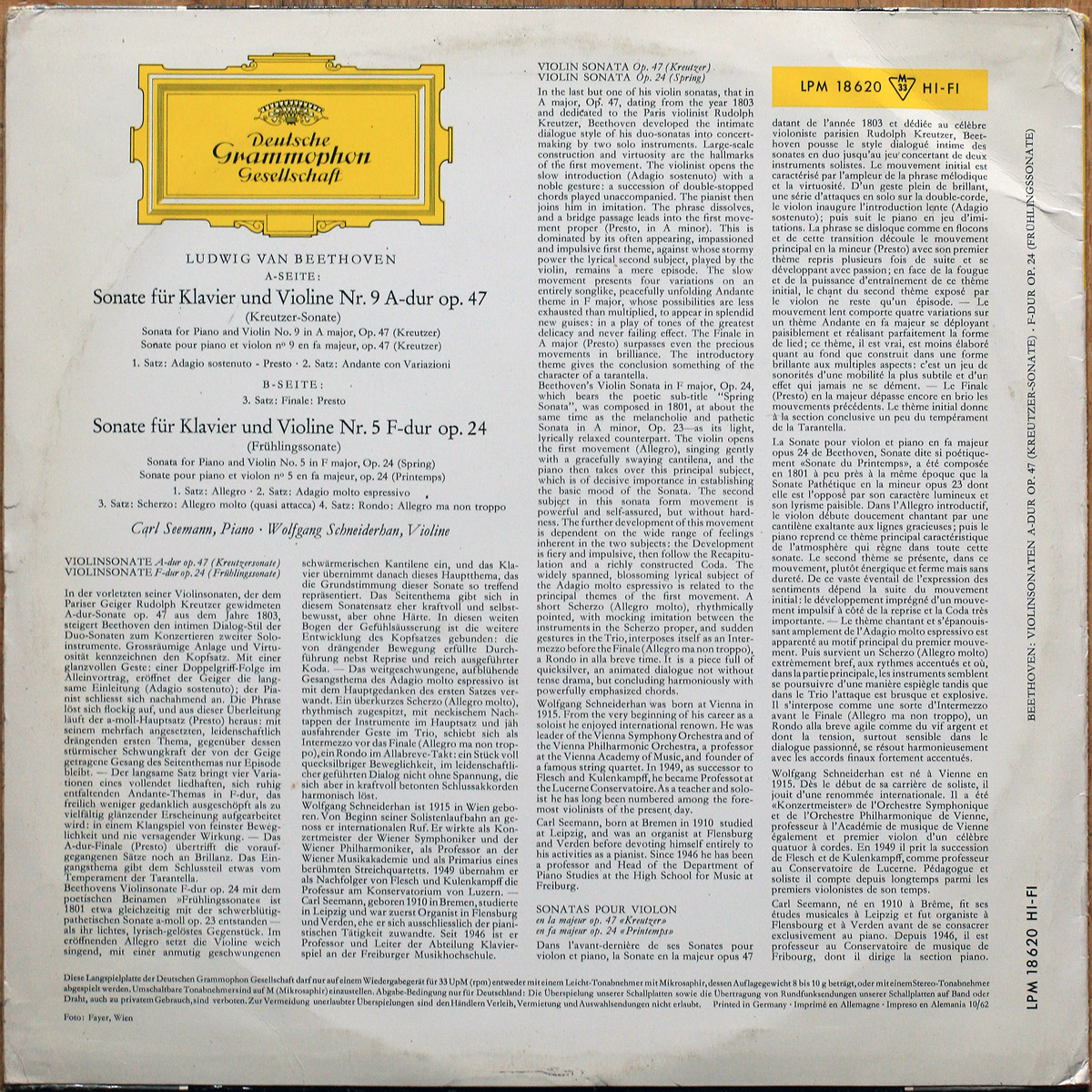 Beethoven • Sonates pour piano et violon n° 5 “Frühlings-Sonate” & n° 9 “Kreutzer-Sonate” • DGG 18 620 LPM • Carl Seemann • Wolfgang Schneiderhan