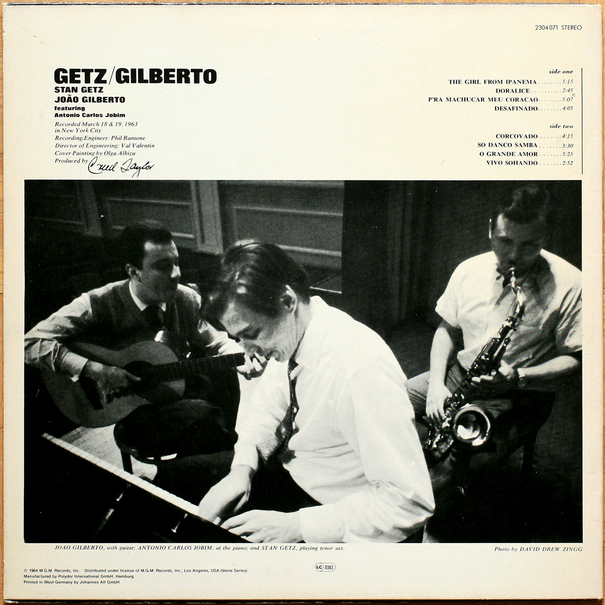 Stan Getz & João Gilberto featuring Antonio Carlos Jobim • Verve Records 2304 071 Germany • The girl from Ipanema • Desafinado • Corcovado