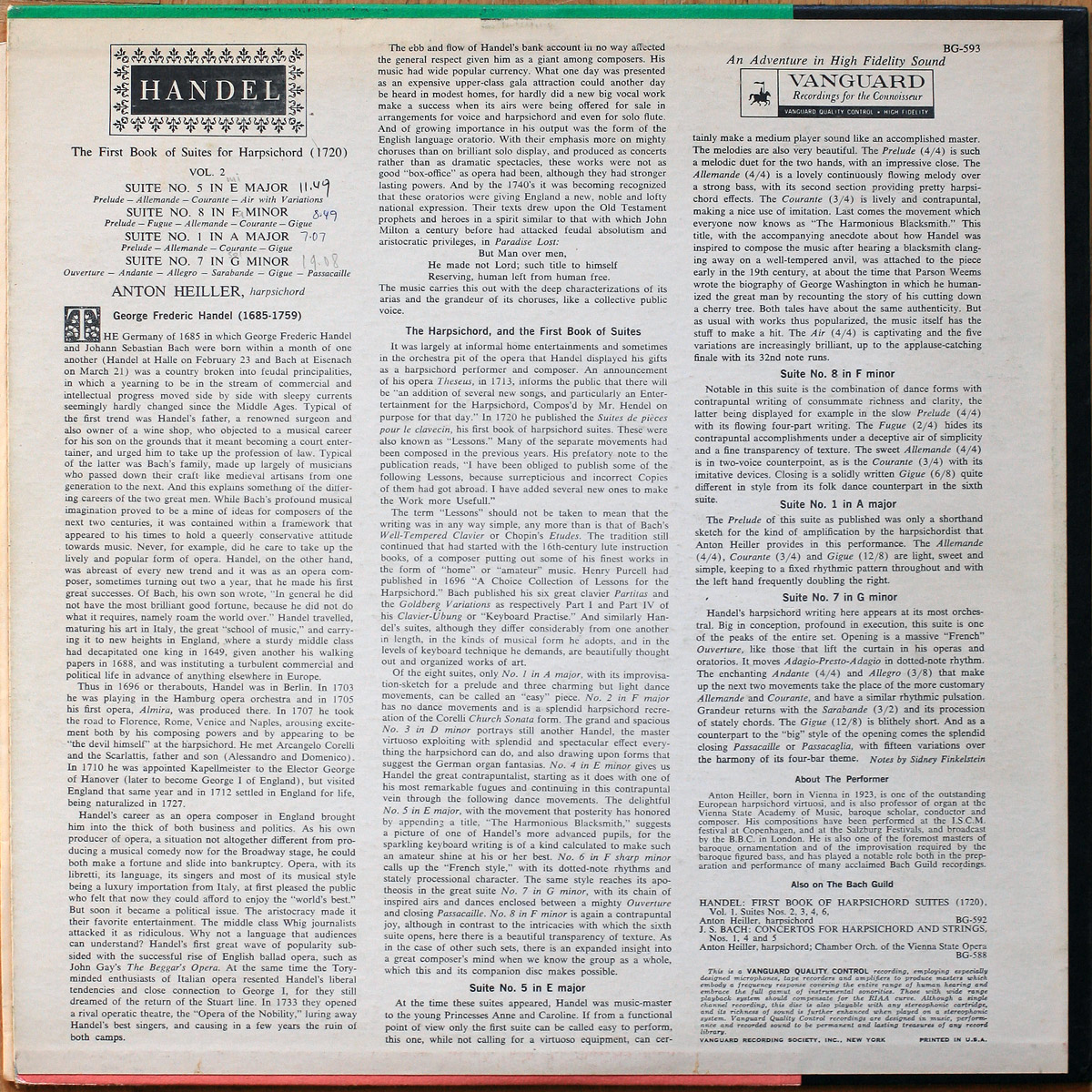 Händel • Haendel • Suites pour clavecin • The harpsichord suites • Vol. 2 • Vanguard BG 593 • Anton Heiller