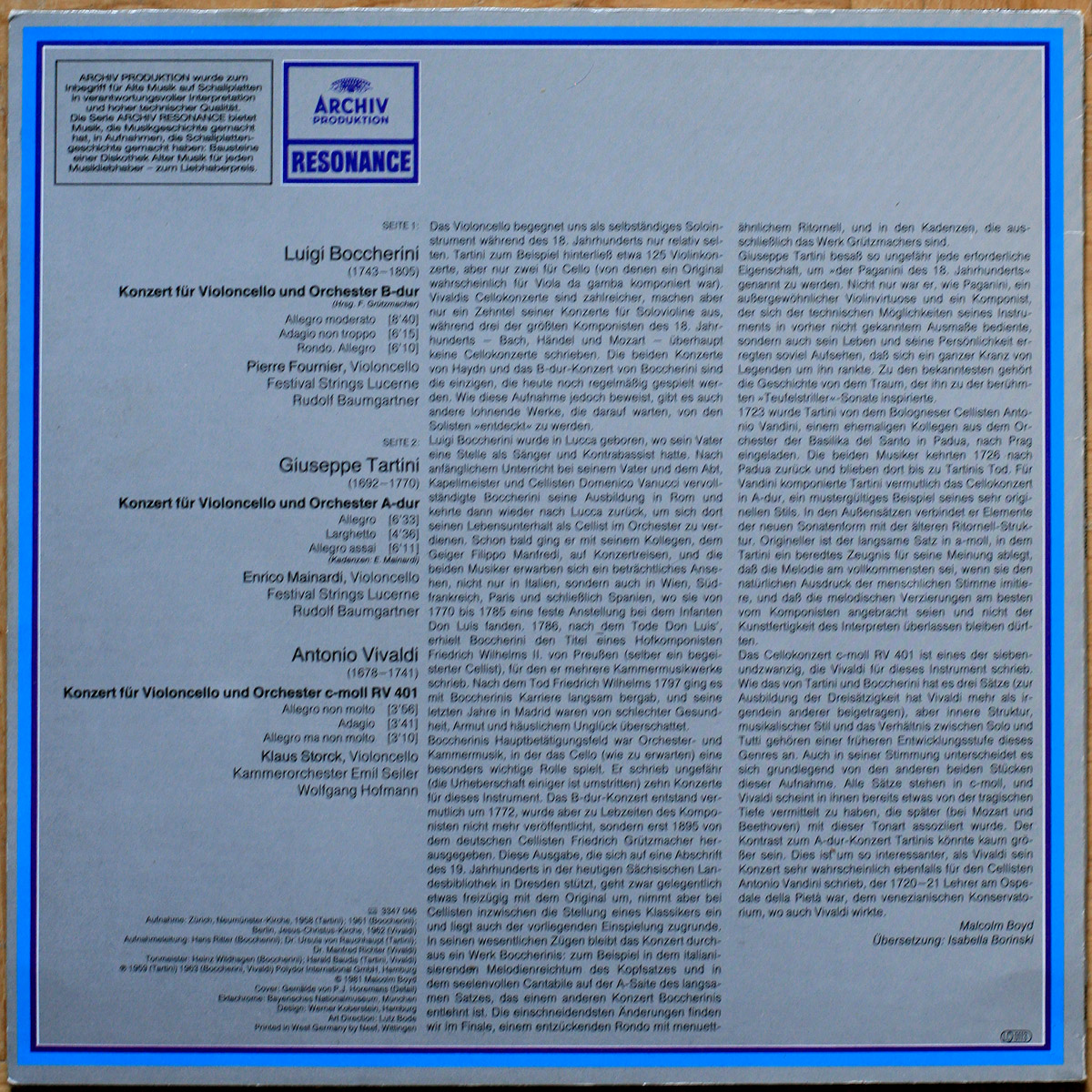 Vivaldi • Tartini • Boccherini • Concertos pour violoncelle • Archiv Produktion 2547 046 • Pierre Fournier • Enrico Mainardi • Festival Strings Lucerne • Rudolf Baumgartner