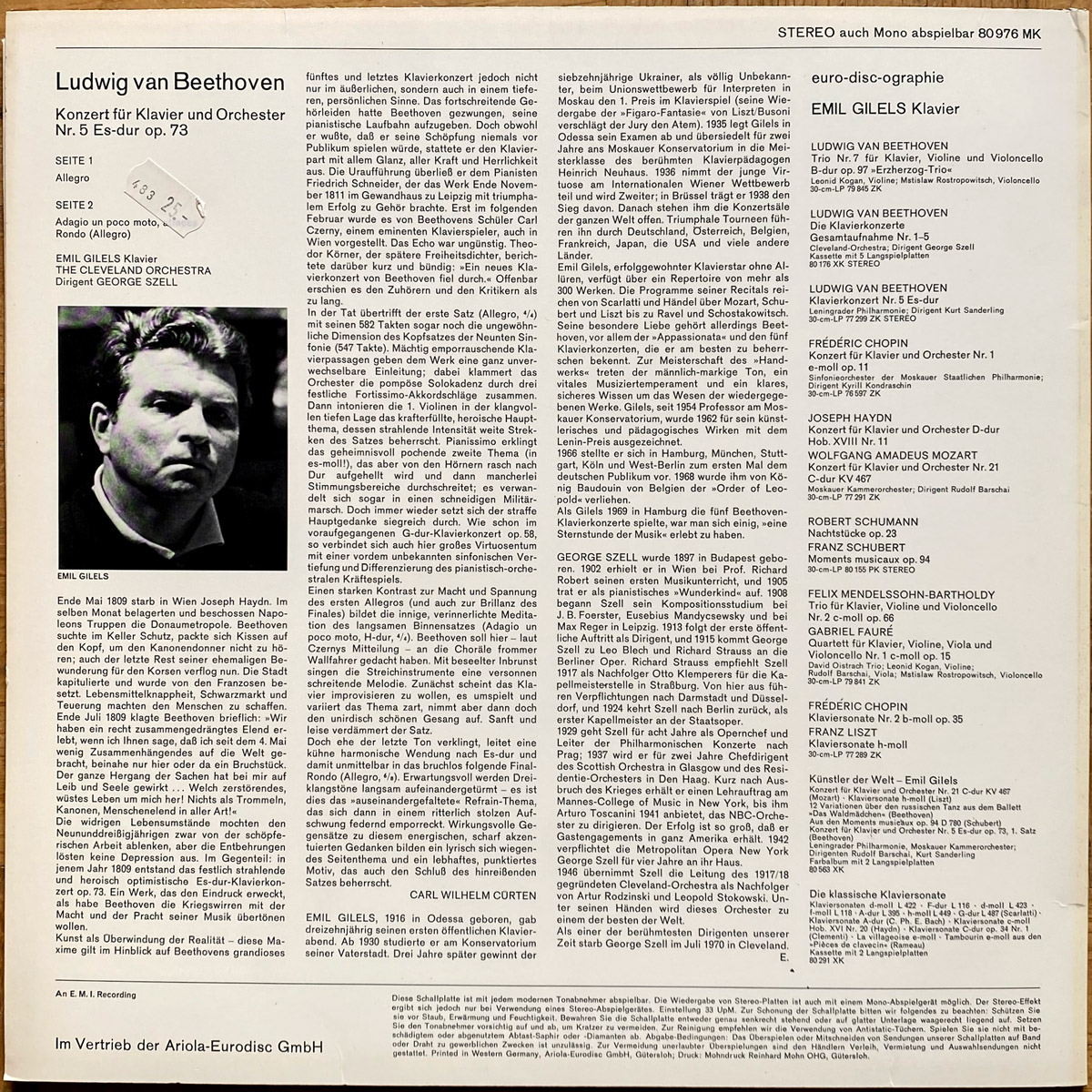 Beethoven • Concerto pour piano n° 4 • Klavierkonzert Nr. 4 • Piano concerto No. 4 • Eurodisc 25 935 HK • Emil Gilels • The Cleveland Orchestra • George Szell