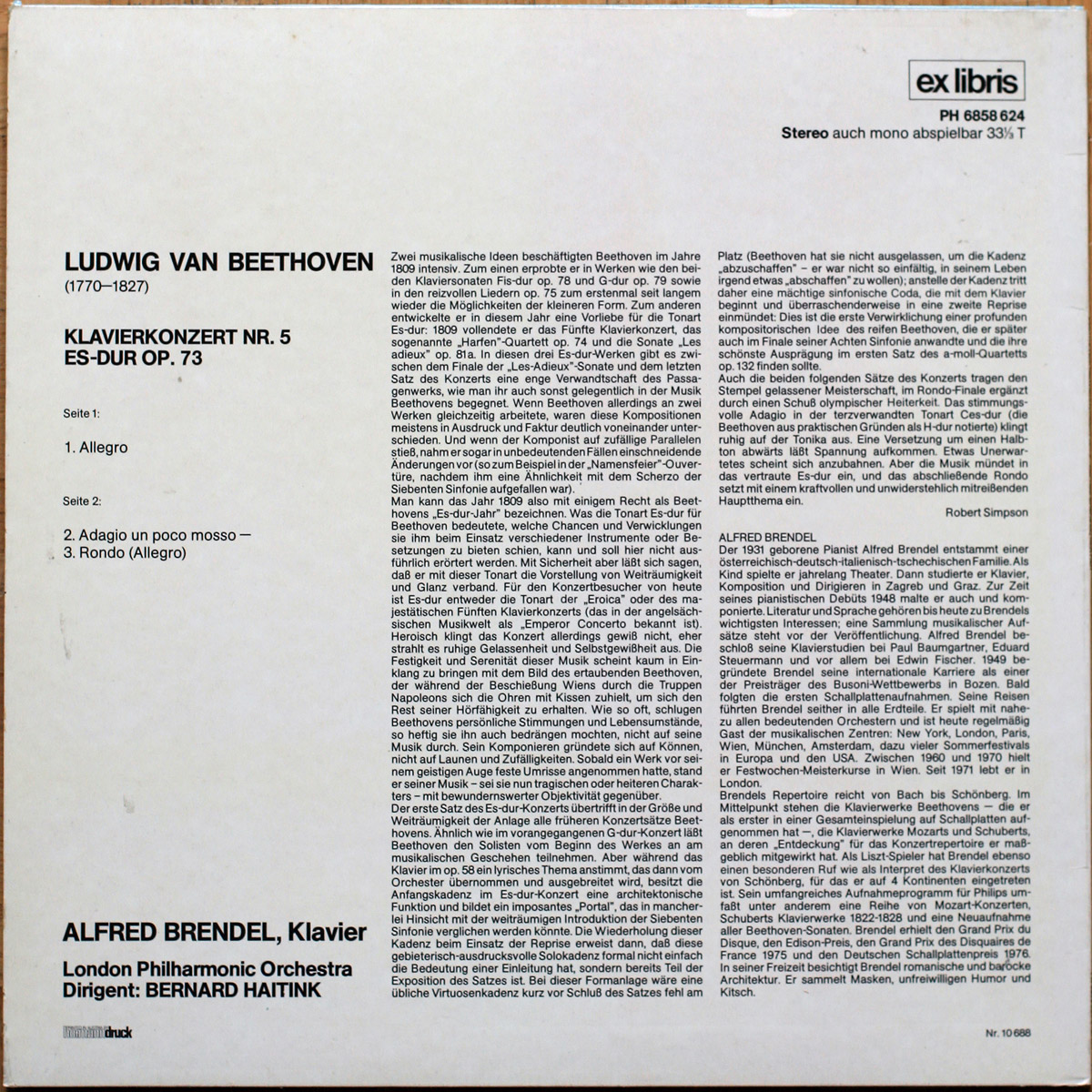 Beethoven • Concerto pour piano n° 5 "L'Empereur" • Klavierkonzert Nr. 5 • Piano concerto No. 5 "Emperor" • Ex Libris PH 6858 624 • Alfred Brendel • London Philharmonic Orchestra • Bernard Haitink