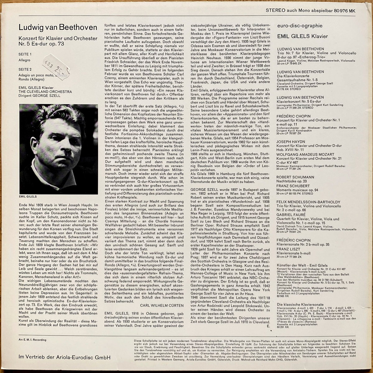 Beethoven • Concerto pour piano n° 5 "L'Empereur" • Klavierkonzert Nr. 5 • Piano concerto No. 5 "Emperor" • Eurodisc 80 976 MK • Emil Gilels • The Cleveland Orchestra • George Szell