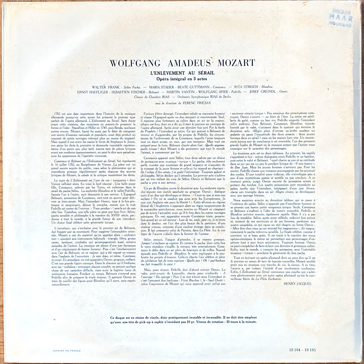 Mozart • Die Entführung aus dem Serail • L'enlèvement au sérail • DGG 18184/185 • Rita Streich • Maria Stader • RIAS-Symphonie-Orchester Berlin • Ferenc Fricsay