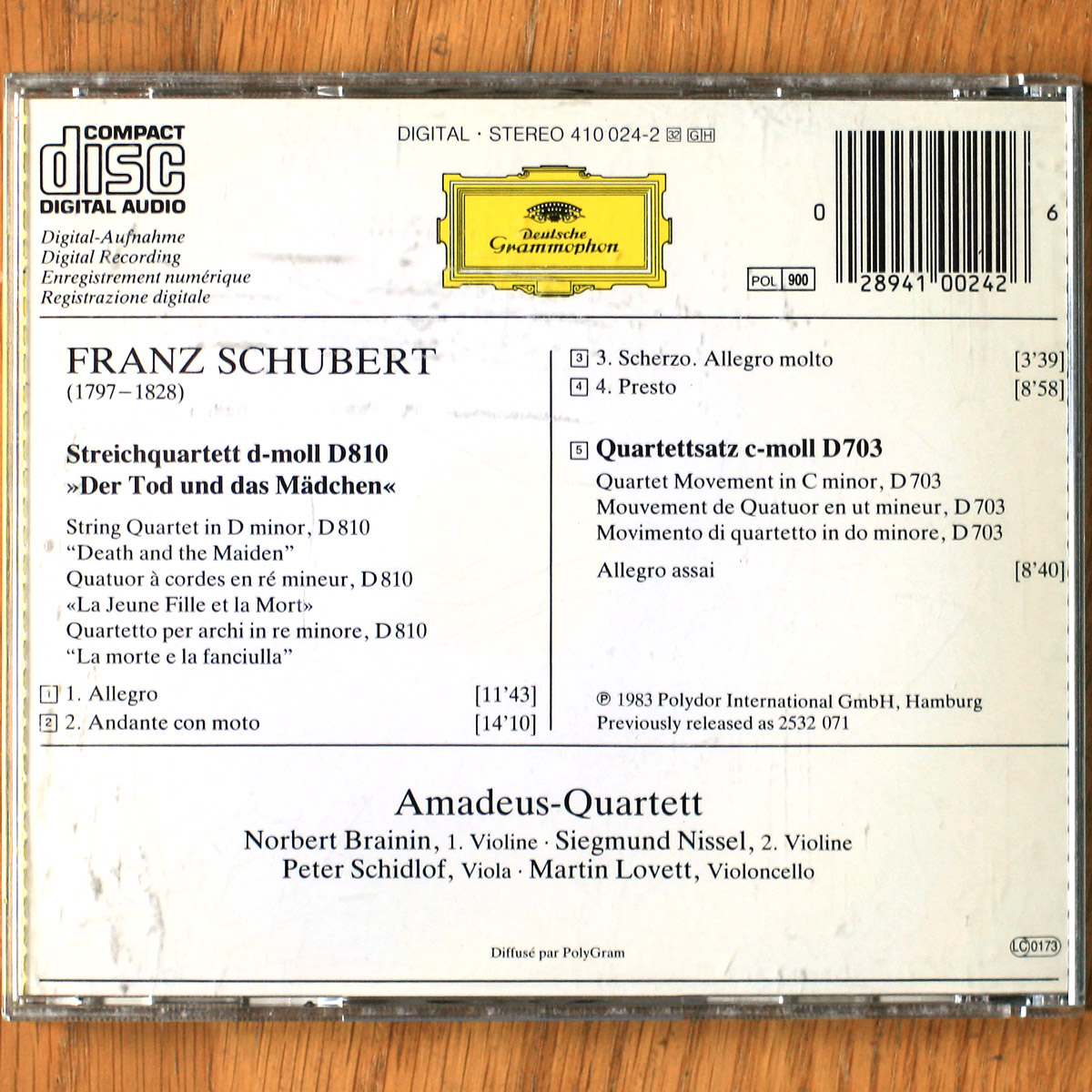 Schubert • Quatuor à cordes n° 14 "La jeune fille et la mort" • Streichquartett Nr. 14 "Der Tod Und Das Mädchen" • D. 810 • DGG 410 024-2 • Amadeus-Quartett – Image 2