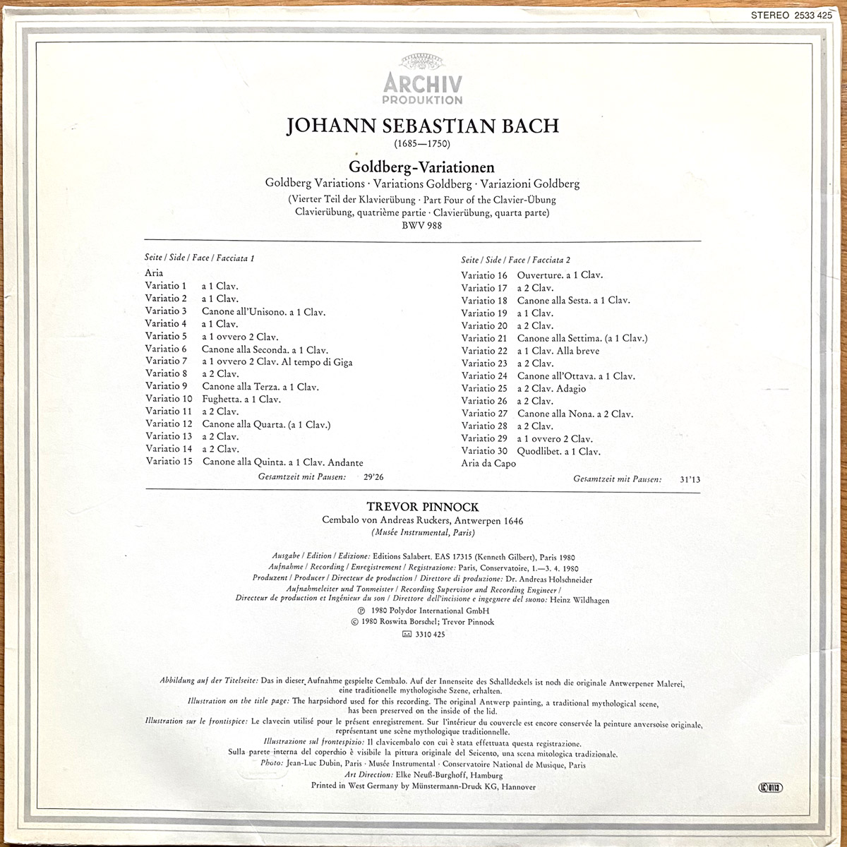 Bach • Les variations Goldberg • Goldberg-Variationen • BWV 988 • Archiv Produktion 2533 425 • Trevor Pinnock