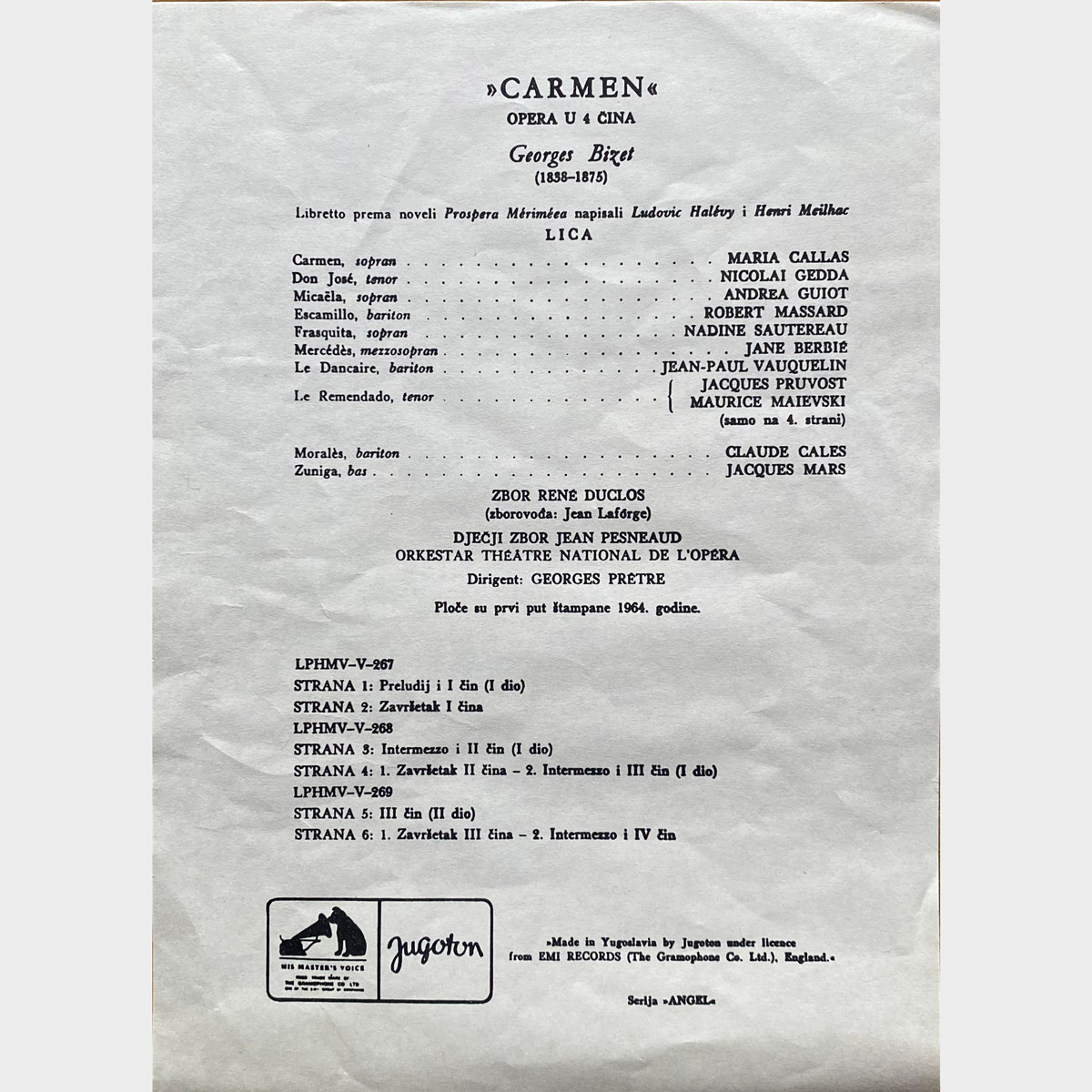 Bizet • Carmen • Jugoton LPHMV-267/8/9 • Maria Callas • Nicolai Gedda • Andréa Guiot • Jane Berbié • Robert Massard • Orchestre du Théâtre National de l'Opéra • Georges Prêtre