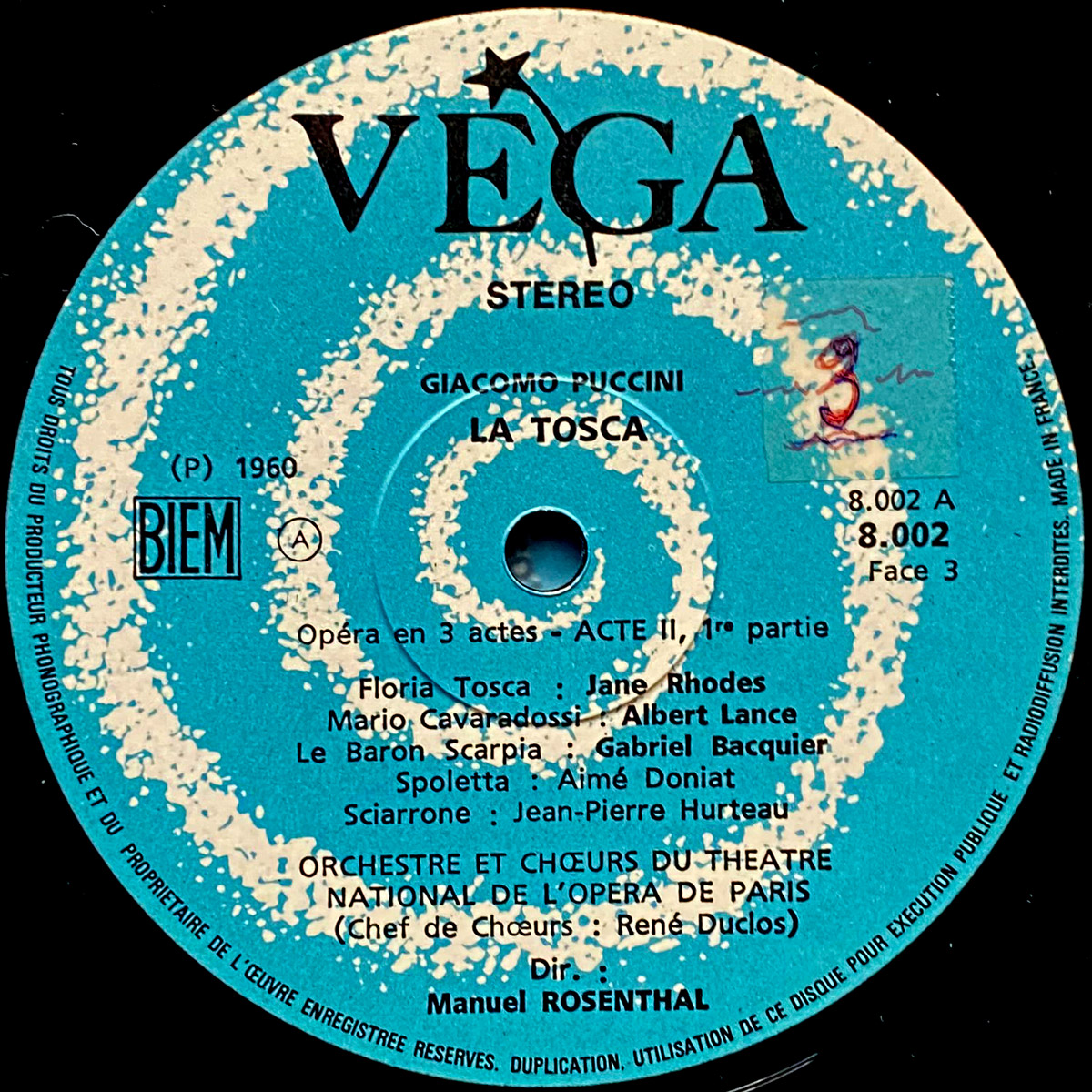 Puccini • La Tosca • Vega 8.001/2/3 • Jane Rhodes • Albert Lance • Gabriel Bacquier • Orchestre du Théâtre National de l'Opéra de Paris • Manuel Rosenthal