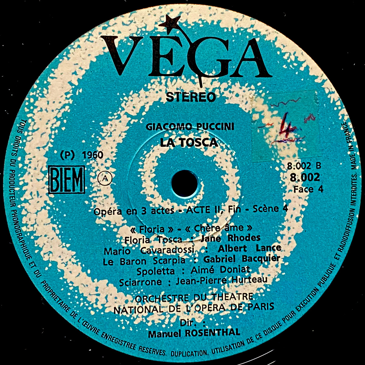 Puccini • La Tosca • Vega 8.001/2/3 • Jane Rhodes • Albert Lance • Gabriel Bacquier • Orchestre du Théâtre National de l'Opéra de Paris • Manuel Rosenthal