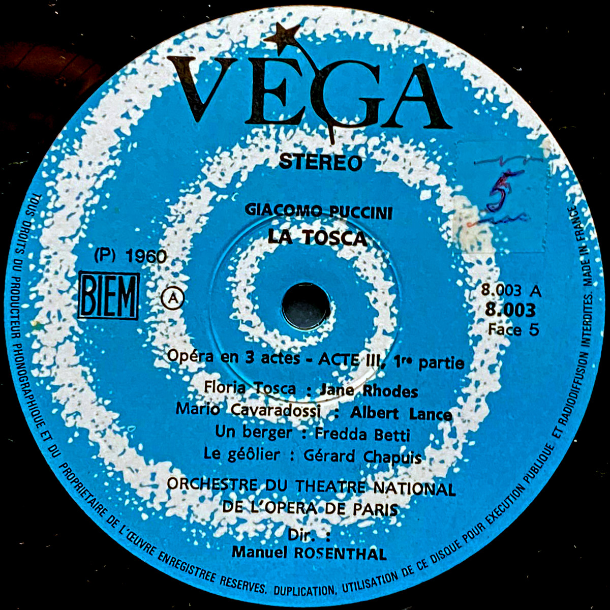 Puccini • La Tosca • Vega 8.001/2/3 • Jane Rhodes • Albert Lance • Gabriel Bacquier • Orchestre du Théâtre National de l'Opéra de Paris • Manuel Rosenthal