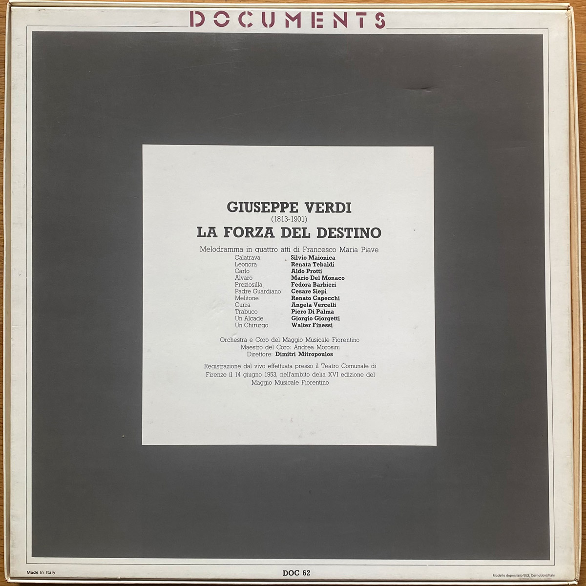 Verdi • La forza del destino • La force du destin • Live recording • Foni Cetra Doc 62 • Renata Tebaldi • Mario Del Monaco • Orchestra del Maggio Musicale Fiorentino • Dimitri Mitropoulos